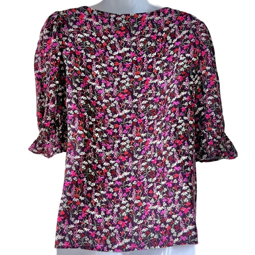 Draper James Maroon Pink White Daisy Floral Puff Sleeve Blouse Ruffle Cuff Sz S - Picture 7 of 8